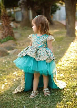 Cap Sleeves Turquoise High Low Flower Girl Dress